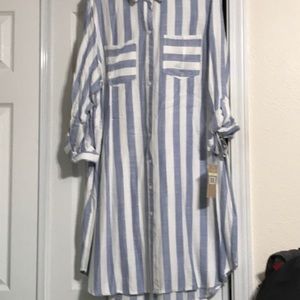 Blue and white striped button down dress, long sleeves can wear long or short